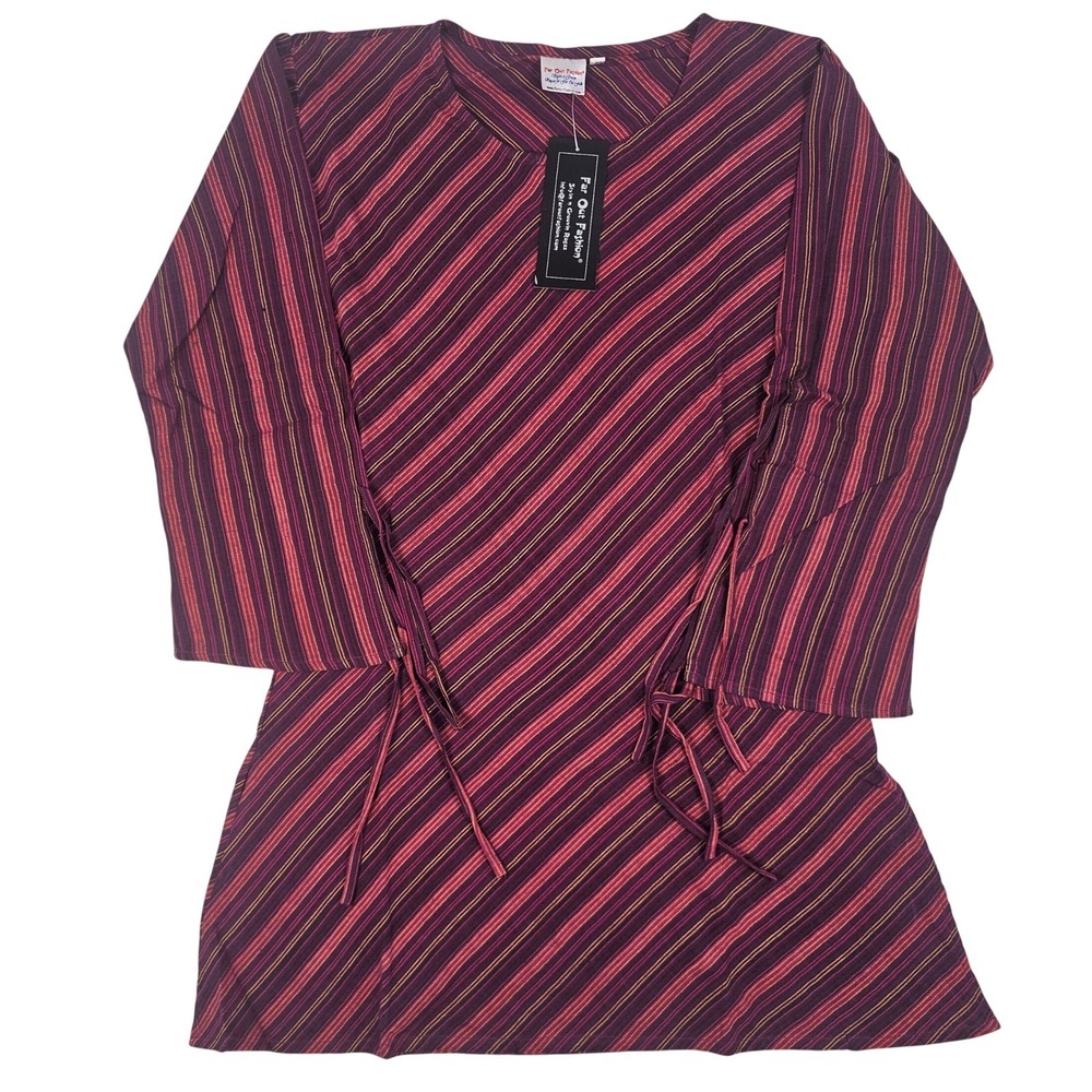 Far Out Fashion Womens XL Burgundy Purple Striped Boho Side Tie Tunic Top NWT
